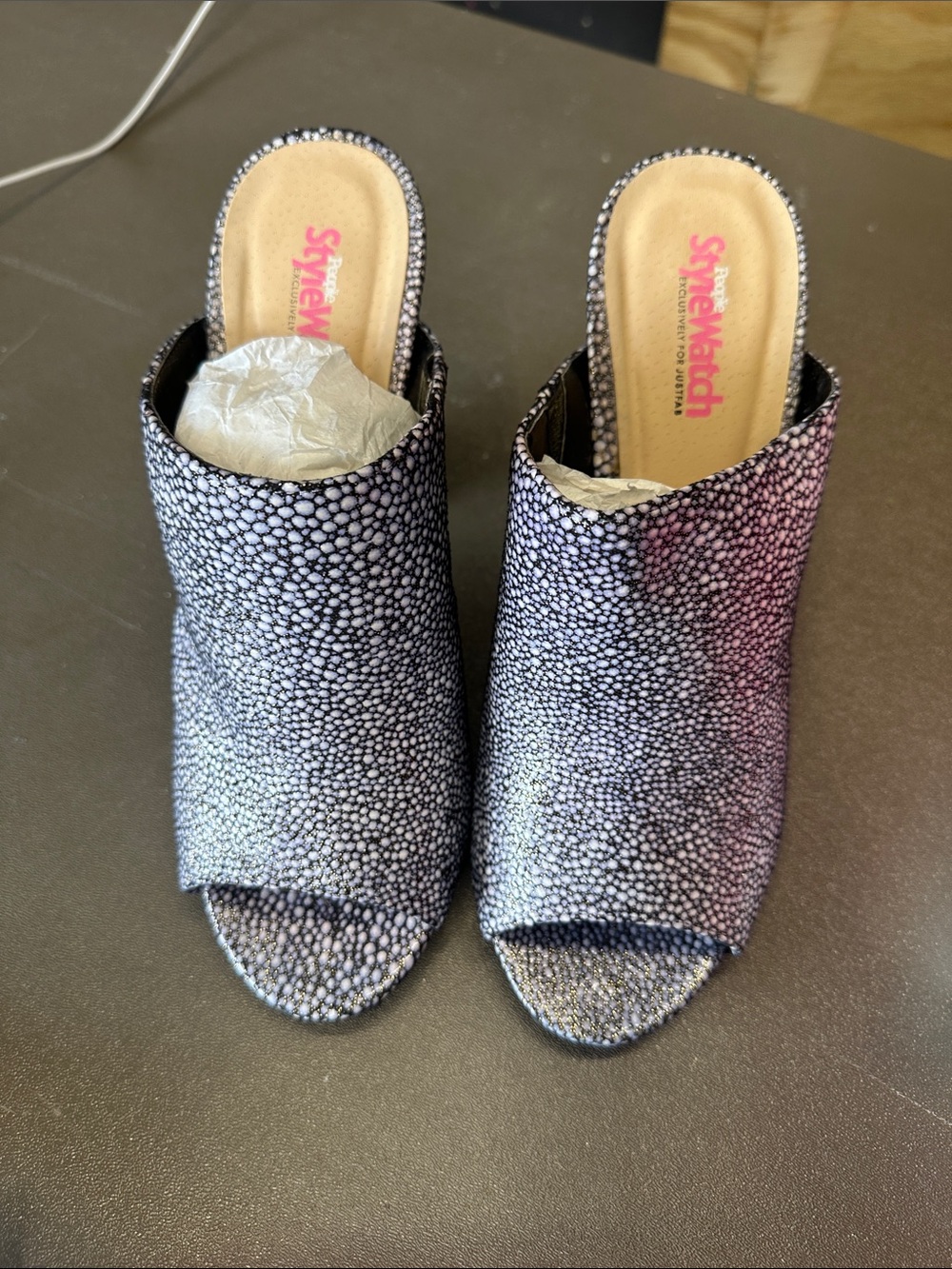 Just Fab Women’s Open-Toe Slip-On Heels in Black and Silver Pebble Print